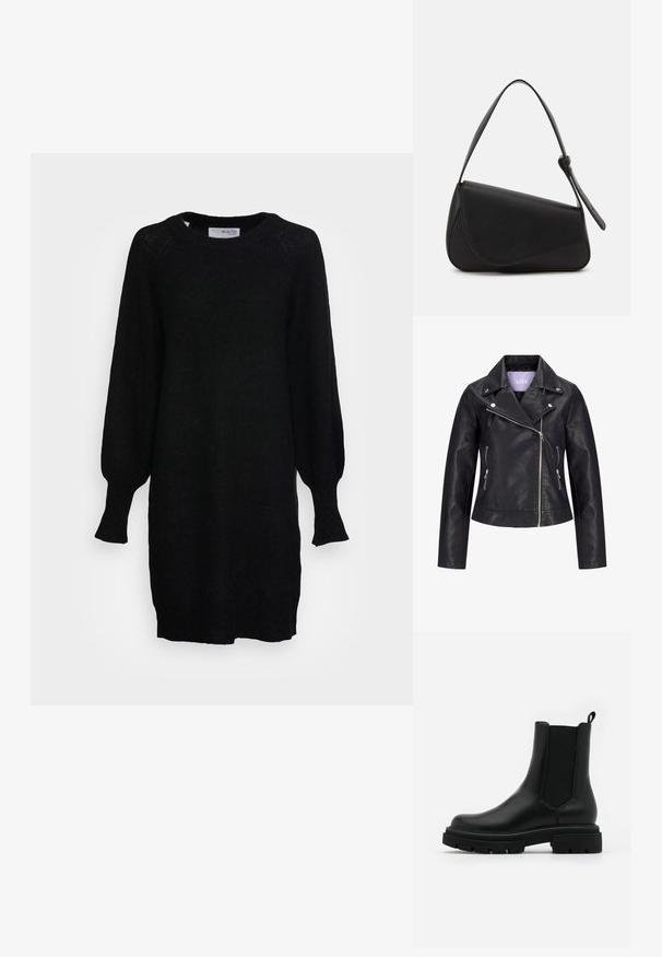 Veste de motard en simili cuir noir avec fermeture éclair asymétrique sur le devant, boutons-pression argentés sur un large revers, et deux poches latérales zippées.; Selected SLFLULU DRESS O NECK - Robe pull - black; Des bottes Chelsea noires en cuir présentent une surface lisse, des panneaux latéraux élastiques, une languette et une semelle en caoutchouc épaisse avec un motif texturé.; Sac à main en cuir noir de forme triangulaire, avec un rabat incliné et une poignée supérieure arrondie. Il présente une texture lisse et des détails de design minimalistes.