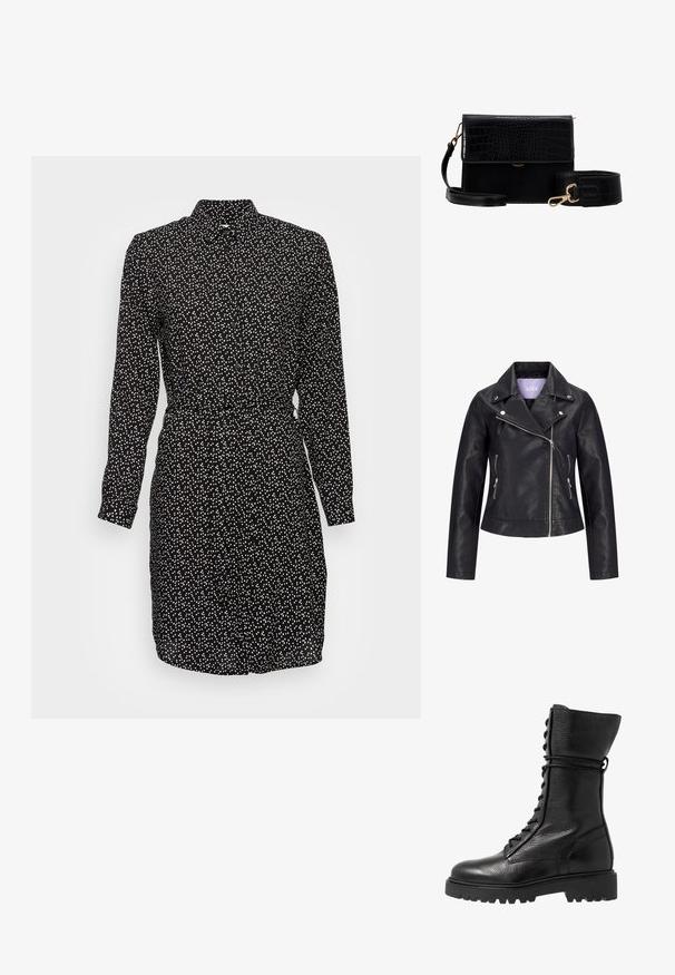 Schwarze Bikerjacke aus Kunstleder mit asymmetrischem Frontreißverschluss, silbernen Druckknöpfen am breiten Revers und zwei seitlichen Reißverschlusstaschen.; Schwarzes Kleid mit einem weißen Polkadot-Muster, langen Ärmeln, Knopfverschluss und tailliertem Bund. Glattes Material mit einem Kragen.; Schwarze Lederkampfstiefel mit strukturierter Oberfläche, knielanger Ausführung, schnürbarem Vorderteil und einer robusten Gummisohle mit geriffeltem Muster.; Schwarze Umhängetasche aus Kunstleder mit Krokodilmuster, goldenen Beschlägen und einem abnehmbaren Tragegurt. Verfügt über einen Klappenverschluss und ein Innenfach.