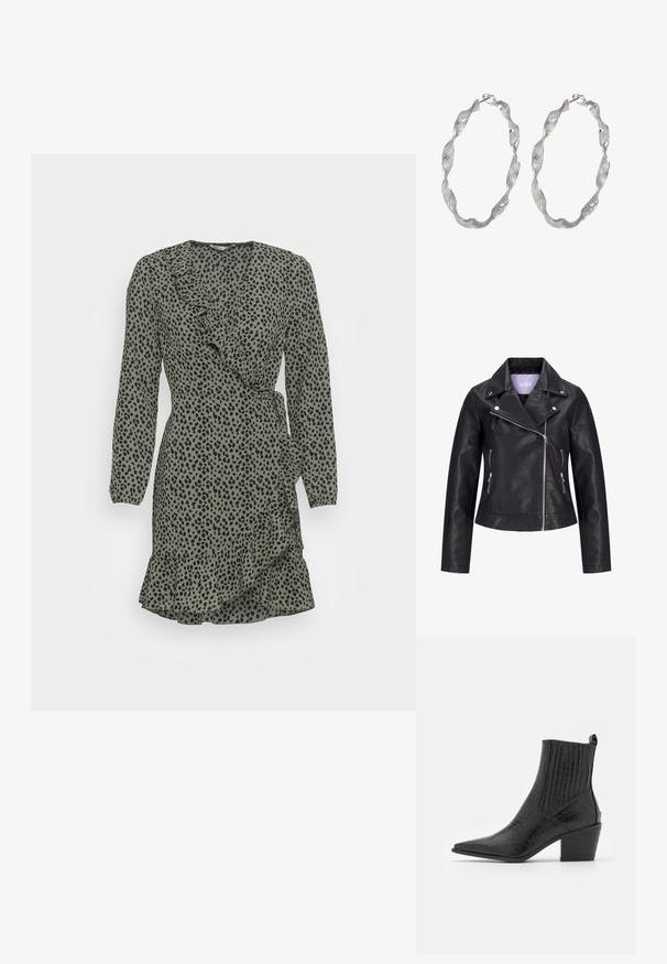 Schwarze Bikerjacke aus Kunstleder mit asymmetrischem Frontreißverschluss, silbernen Druckknöpfen am breiten Revers und zwei seitlichen Reißverschlusstaschen.; ONLY ONLCARLY L/S SHORT NOOS WVN - Freizeitkleid - granite green; RAID ROCCO - Cowboy-/Bikerstiefelette - black; Silberne Creolen mit einem verdrehten Design, das eine strukturierte Oberfläche und einen sicheren Verschluss aufweist. Leicht und reflektierend mit einer eleganten Oberfläche.