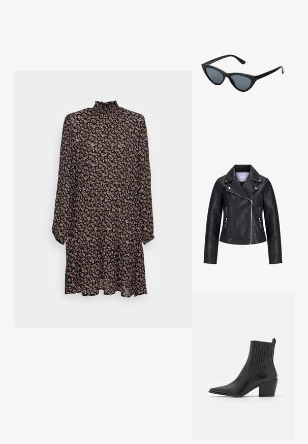 Schwarze Bikerjacke aus Kunstleder mit asymmetrischem Frontreißverschluss, silbernen Druckknöpfen am breiten Revers und zwei seitlichen Reißverschlusstaschen.; Schwarzes Blumenkleid mit langen Ärmeln, gerafftem Hals und ausgestelltem Saum. Verziert mit kleinen rosa und cremefarbenen Blumen auf dunklem Hintergrund.; RAID ROCCO - Cowboy-/Bikerstiefelette - black; Schwarze Cat-Eye-Sonnenbrille mit dunkelgrauen Gläsern, schlankem Kunststoffrahmen, spitzen Ecken und geraden Bügeln. Keine sichtbaren Befestigungen oder Akzente.