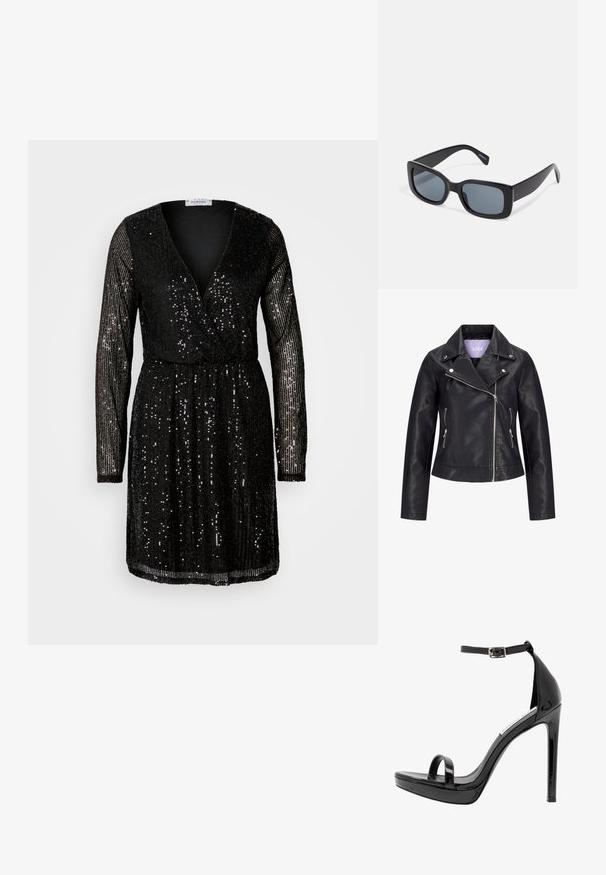 Chaqueta de motorista negra de cuero sintético con cremallera frontal asimétrica, botones de presión plateados en la solapa ancha y dos bolsillos laterales con cremallera.; Vestido negro con lentejuelas que presenta mangas largas, un escote en V profundo y una cintura ajustada. Las lentejuelas cubren toda la prenda, reflejando la luz.; Steve Madden MILANO - Sandalias de tacón - black; Gafas de sol rectangulares negras con lentes oscuros, montura de plástico grueso y patillas anchas. Superficie lisa y diseño anguloso.