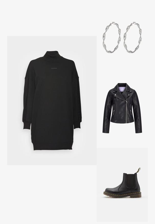 Chaqueta de motorista negra de cuero sintético con cremallera frontal asimétrica, botones de presión plateados en la solapa ancha y dos bolsillos laterales con cremallera.; Calvin Klein Jeans LOGO TRIM MOCK NECK DRESS - Vestido informal - black; Botín Chelsea de cuero negro con paneles laterales elásticos, punta redonda, costuras amarillas, suela de goma y una lengüeta en la parte trasera para facilitar el calzado.; Pendientes de aro de plata con un diseño retorcido, que presentan una superficie texturizada y un cierre seguro. Ligeros y reflectantes con un acabado elegante.