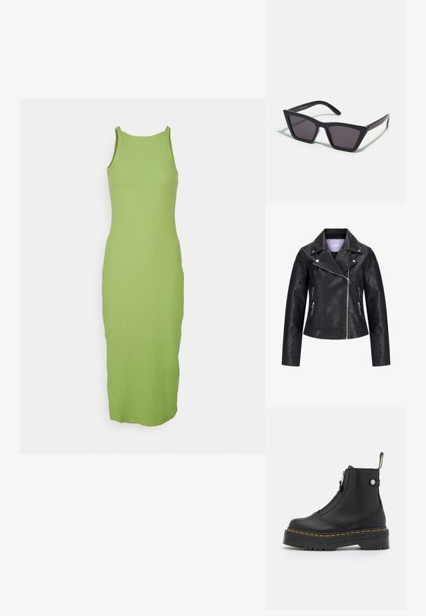 Veste de motard en simili cuir noir avec fermeture éclair asymétrique sur le devant, boutons-pression argentés sur un large revers, et deux poches latérales zippées.; Robe débardeur en tricot de couleur vert vif avec une texture côtelée, dotée d'un col rond et d'une silhouette ajustée, arrivant au milieu du mollet.; Bottine noire en cuir lisse, dotée d'une fermeture éclair sur le côté, de coutures jaunes et d'une épaisse semelle en caoutchouc striée.; Lunettes noires angulaires avec des verres gris ; fabriquées en plastique, avec des branches épaisses à la surface lisse et sans matériel visible.