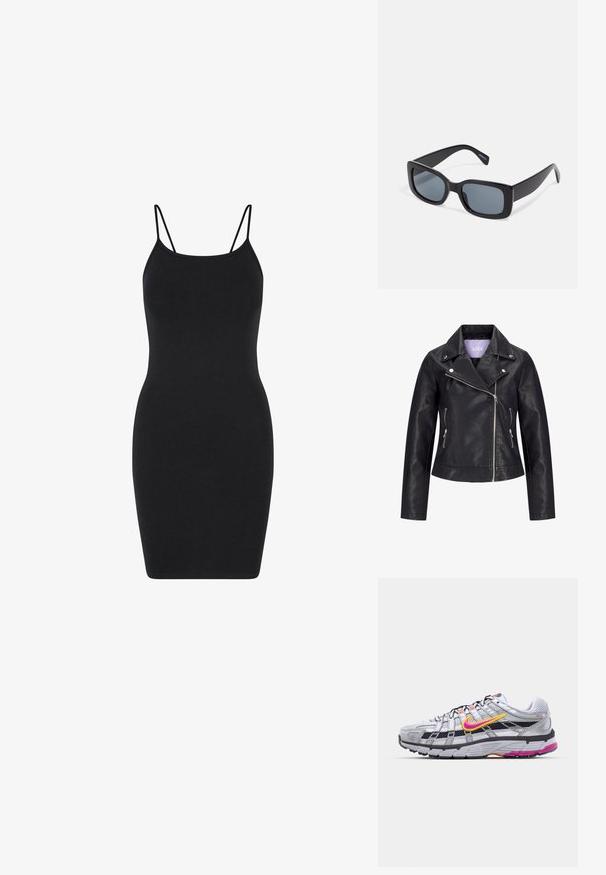Veste de motard en simili cuir noir avec fermeture éclair asymétrique sur le devant, boutons-pression argentés sur un large revers, et deux poches latérales zippées.; Robe noire sans manches avec des bretelles fines, design ajusté, en tissu lisse, longueur genoux avec un style simple et sans embellissement.; Baskets de course en mesh gris avec un swoosh distinctif rose et jaune, accents noirs et une semelle en caoutchouc texturé. Comprend un embout renforcé et un col rembourré.; Lunettes de soleil rectangulaires noires avec des verres teintés foncés, monture en plastique épaisse et branches larges. Surface lisse et design angulaire.