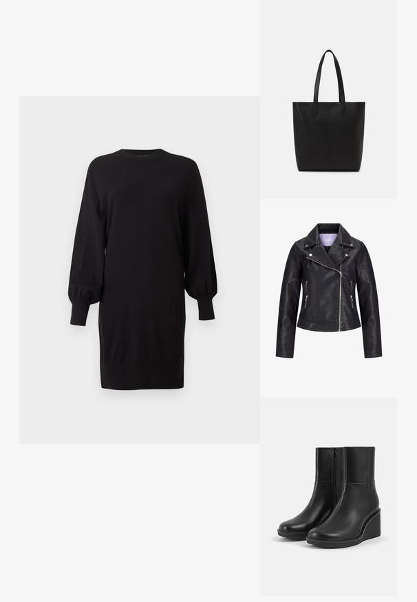 Veste de motard en simili cuir noir avec fermeture éclair asymétrique sur le devant, boutons-pression argentés sur un large revers, et deux poches latérales zippées.; Robe-pull noire à manches longues avec manches ballon et poignets côtelés, col rond et ourlet droit, présentée sur un fond uni.; Paire de bottines en cuir noir à talons compensés et fermetures éclair latérales, présentées sur fond blanc.; Sac fourre-tout noir en matériau texturé, avec deux longues poignées et un design simple et minimaliste sans hardware visible.
