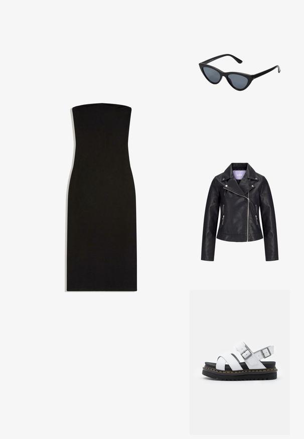 Veste de motard en simili cuir noir avec fermeture éclair asymétrique sur le devant, boutons-pression argentés sur un large revers, et deux poches latérales zippées.; Robe noire sans bretelles longueur genou avec silhouette ajustée et tissu lisse et uni, étalée à plat sur fond blanc.; Sandales en cuir blanc avec des sangles réglables à boucle, semelle en noir superposée et détail de couture orange le long du bord.; Lunettes de soleil noires en forme d'œil de chat avec des verres gris foncé, monture en plastique élégante, coins pointus et branches droites. Pas de métal visible ni d'accents.