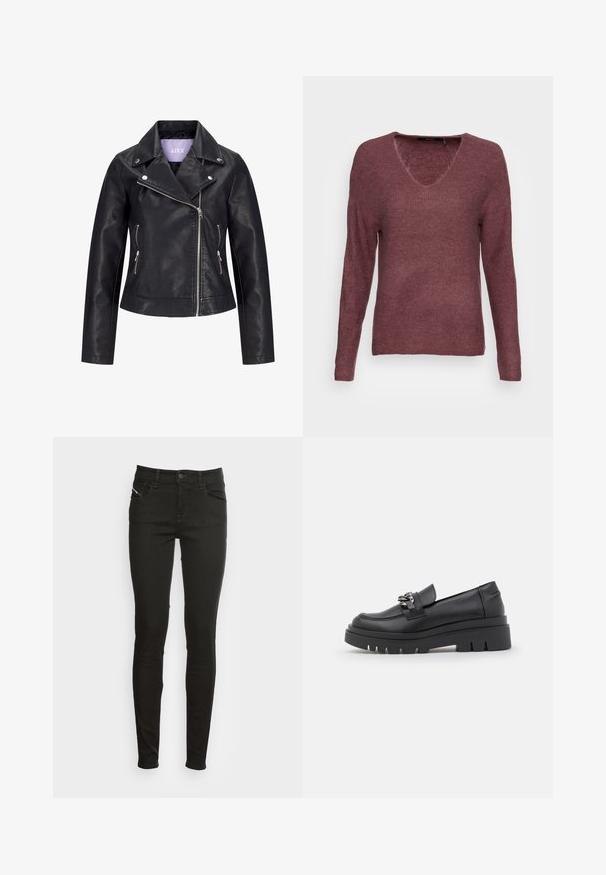 Čierna biker bunda z umelej kože s asymetrickým predným zipsom, striebornými patentkami na širokom reveri a dvoma bočnými vreckami so zipsom.; Vero Moda VMCREWLEFILE V-NECK - Svetrík - rose brown melange; Čierne slim-fit džínsy s prednými vreckami, pútkami na opasok, gombíkovým zapínaním a zipsom, zobrazené na bielom pozadí.; Čierne loafrové topánky s robustnou platformou, hladkým koženým vrchom, dekoratívnym reťazovým doplnkom a mierne zdvihnutou pätou s výrezom.