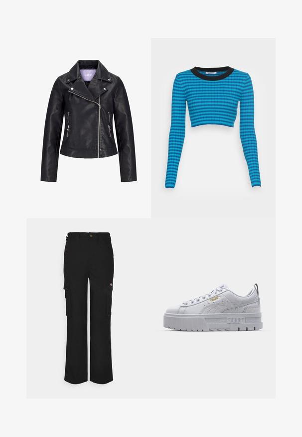 Chaqueta de motorista negra de cuero sintético con cremallera frontal asimétrica, botones de presión plateados en la solapa ancha y dos bolsillos laterales con cremallera.; Suéter corto a rayas azul y negro con mangas largas, que presenta una textura acanalada y un escote redondo.; Pantalones cargo negros hechos de un tejido duradero, que cuentan con dos bolsillos laterales, un cierre de botón y un corte relajado con piernas rectas.; Zapatillas de plataforma blancas con parte superior de cuero suave, cuello acolchado, suela de goma gris y detalles dorados que presentan el logo de Puma.