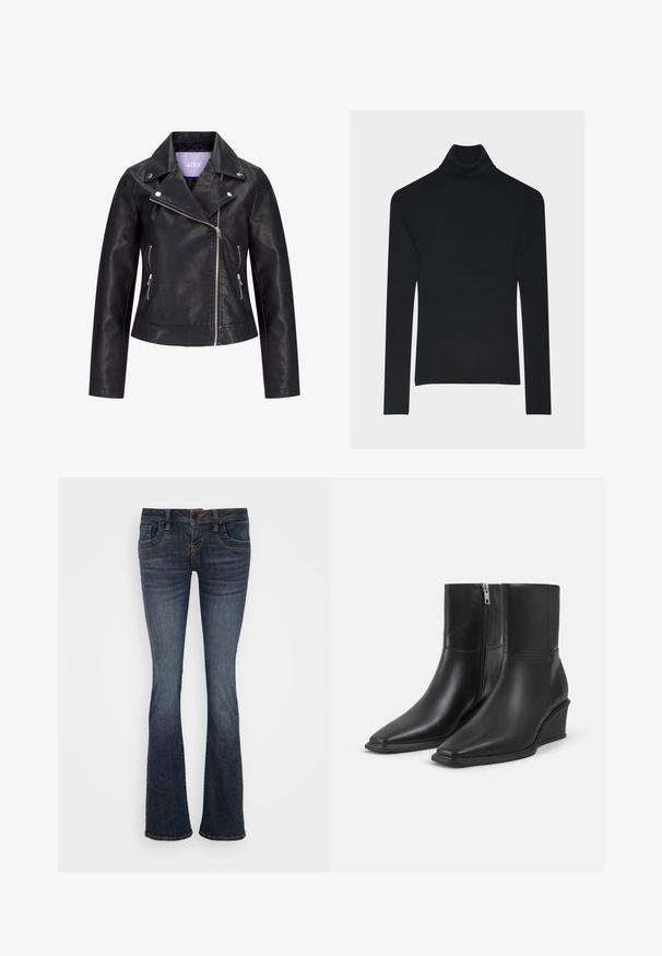 Schwarze Bikerjacke aus Kunstleder mit asymmetrischem Frontreißverschluss, silbernen Druckknöpfen am breiten Revers und zwei seitlichen Reißverschlusstaschen.; Schwarzer, langärmeliger, gerippter Rollkragenpullover mit figurbetonter Silhouette und einem dezenten, in der Nähe des Kragens eingestickten Logo.; Dunkelblaue ausgestellte Jeans mit mittelhohem Bund, fünf Taschen und subtilen Stichakzenten. Hergestellt aus Denim mit glatter Textur.; Paar schwarze Leder-Stiefeletten mit spitzen Zehen, Keilabsätzen und seitlichen Reißverschlussverschlüssen auf einfachem hellem Hintergrund.