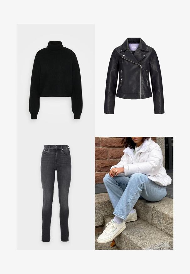 Sort bikerjakke i kunstlæder med asymmetrisk frontlynlås, sølvknapper på bred revers og to sidelommer med lynlås.; Sort cropped sweater med høj krave, ribbet tekstur og brede ærmer. Lavet af blødt strikmateriale. Simpelt design uden mønstre.; Højtsiddende skinny jeans i mørkegrå denim, glat tekstur, med forlommer og metalknaplukning ved taljen.; Hvid pufferjakke med højt krave, lyseblå denimjeans og hvide Reebok sneakers. Strukturerede stenskridt i baggrunden.