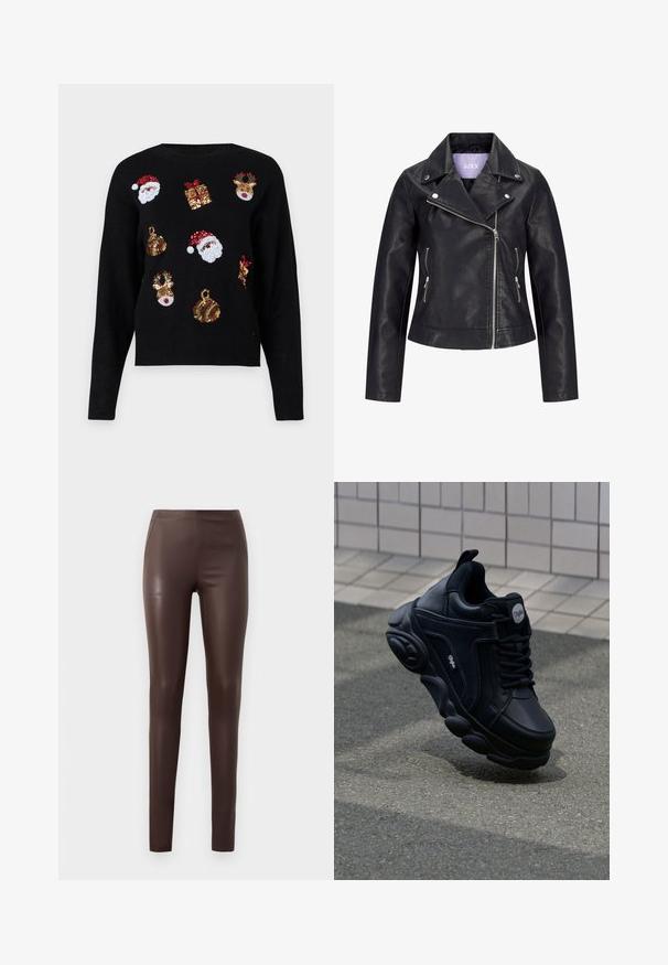Veste de motard en simili cuir noir avec fermeture éclair asymétrique sur le devant, boutons-pression argentés sur un large revers, et deux poches latérales zippées.; Pull noir à manches longues arborant des motifs festifs : visages de Santa, boîtes-cadeaux et ornements en sequins rouges, verts, dorés et blancs.; Leggings en similicuir marron avec une texture lisse, coupe ajustée, taille haute et détails de couture, adaptés pour un look décontracté ou semi-formel.; Baskets noires avec une semelle épaisse, tige en cuir lisse et accents texturés. Présente un bout arrondi et des coutures décoratives.