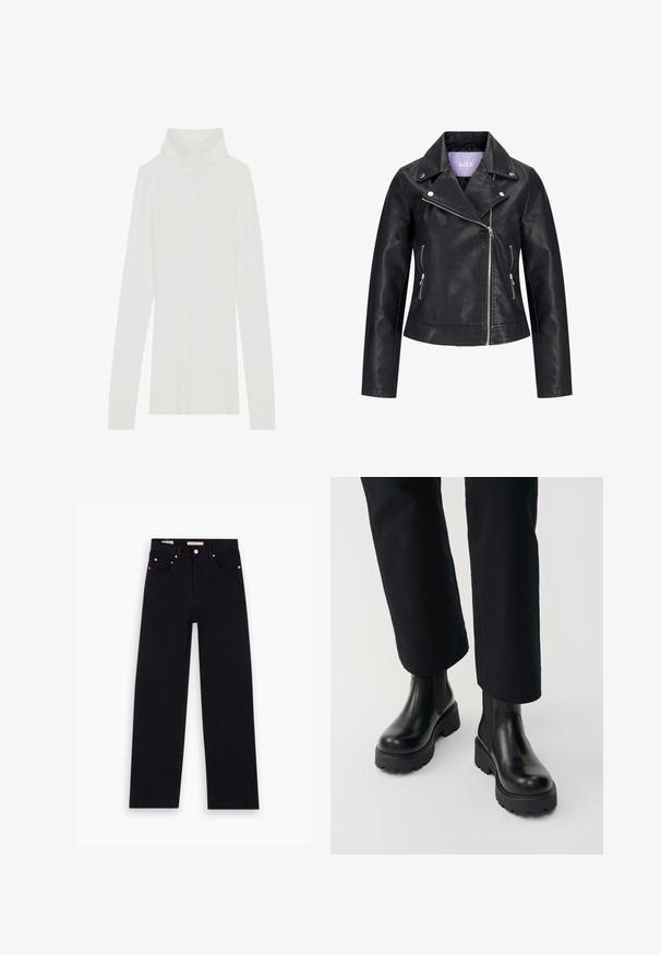 Veste de motard en simili cuir noir avec fermeture éclair asymétrique sur le devant, boutons-pression argentés sur un large revers, et deux poches latérales zippées.; Pull à col roulé blanc côtelé avec des manches longues, texture douce, et un col roulé haut, doté d'une coupe ajustée et sans fermetures visibles.; Jean en denim noir avec une coupe droite, cinq poches, matériel en cuivre et texture lisse. Deux étiquettes visibles sur la taille.; Personne portant des bottines en cuir noir à semelle épaisse, associées à un pantalon noir à jambes droites sur fond blanc.