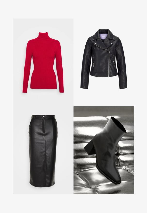 Chaqueta de motorista negra de cuero sintético con cremallera frontal asimétrica, botones de presión plateados en la solapa ancha y dos bolsillos laterales con cremallera.; Suéter rojo de cuello alto con acanalado, mangas largas, tejido texturizado, silueta ajustada y cuello alto. Sin adornos visibles.; Falda lápiz de cuero negro con una abertura frontal, cintura alta y cierre de botón a presión. Textura suave y brillante con un detalle minimalista.; Botín negro de tobillo hecho de material brillante, con punta cuadrada y tacón cónico, contra un fondo plateado brillante con almohadillado.