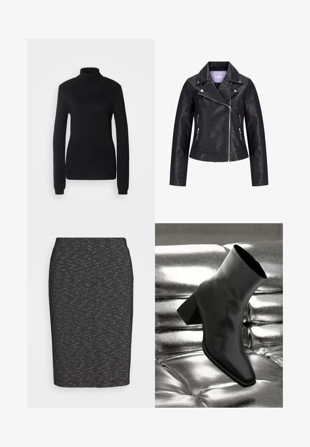 Sort bikerjakke i kunstlæder med asymmetrisk frontlynlås, sølvknapper på bred revers og to sidelommer med lynlås.; Sort turtleneck sweater lavet af et blødt strikstof, med lange ærmer og en tætsiddende silhuet, der har ribbet krave og kant.; Sort pencilskørt med et tekstureret mønster, tætsiddende design, knælangt, med høj talje og ingen synlige metaldele eller pynt.; Sorte ankelstøvler lavet af glossy materiale med firkantet tå og spidse hæle, sat mod en skinnende sølv tuftet baggrund.
