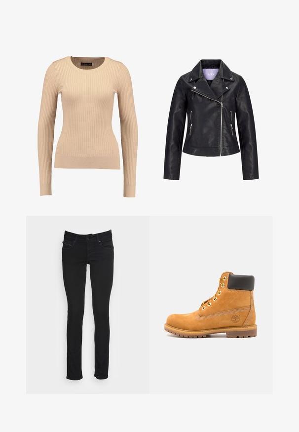 Sort bikerjakke i kunstlæder med asymmetrisk frontlynlås, sølvknapper på bred revers og to sidelommer med lynlås.; Ribbet langærmet sweater i lys beige, lavet af strækbart stof. Har en rund halsudskæring og tætsiddende silhuet med ribbede manchetter.; Sorte slim-fit jeans med frontknap, lynlås, bæltestropper og for- samt baglommer mod hvid baggrund.; Brune læder ankelstøvle med sort polstring, gyldne øsken og en tekstureret sål. Har et cirkulært logo på siden og synlige syninger.