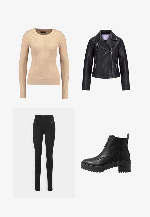 Veste de motard en simili cuir noir avec fermeture éclair asymétrique sur le devant, boutons-pression argentés sur un large revers, et deux poches latérales zippées.; Pull long à manches longues en beige clair, fabriqué dans un tissu extensible. Présente un col rond et une silhouette ajustée avec des poignets resserrés.; ONLY Tall ONLROYAL BIKER ZIP - Jeans Skinny - black denim; Bottine en cuir noir avec fermeture zippée sur le côté, talon large noir et semelle texturée pour une meilleure adhérence. Fini lisse avec des accents minimalistes.