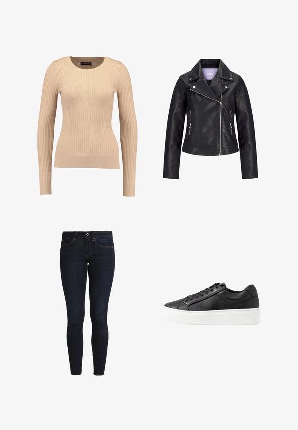 Veste de motard en simili cuir noir avec fermeture éclair asymétrique sur le devant, boutons-pression argentés sur un large revers, et deux poches latérales zippées.; Pull long à manches longues en beige clair, fabriqué dans un tissu extensible. Présente un col rond et une silhouette ajustée avec des poignets resserrés.; Jeans skinny en denim bleu foncé, avec un design classique à cinq poches, des passants de ceinture et une fermeture à bouton. Texture lisse, sans motifs visibles.; Baskets en cuir noir avec surface texturée, semelle en caoutchouc blanche, bout arrondi et design à lacets. Présente des accents de couture et une languette lisse.