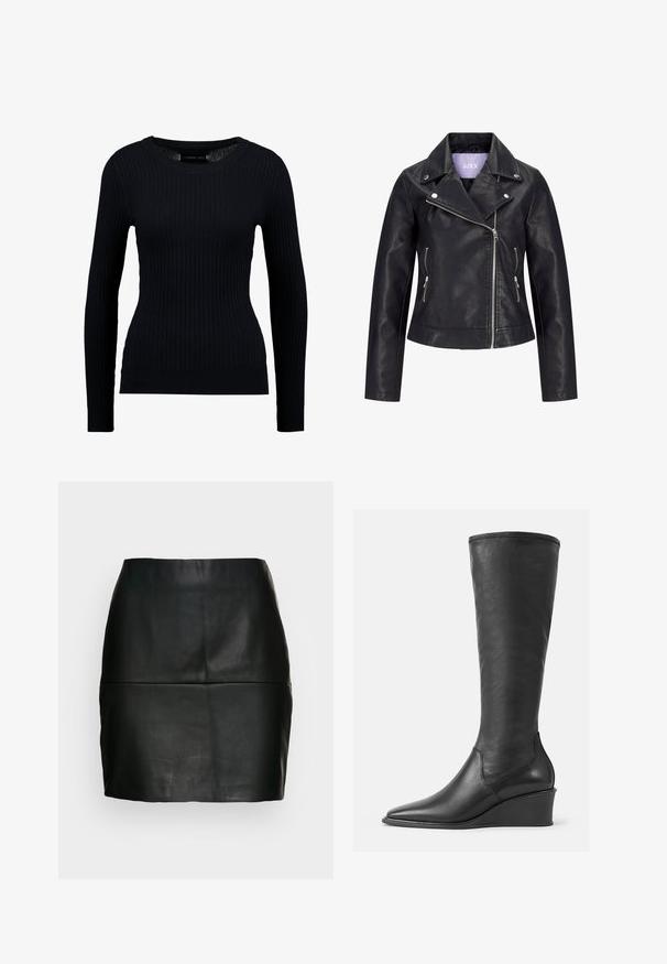 Sort bikerjakke i kunstlæder med asymmetrisk frontlynlås, sølvknapper på bred revers og to sidelommer med lynlås.; Sort ribbet langærmet sweater med rund halsudskæring og tætsiddende silhuet. Teksturen er glat med en subtil strækbarhed.; Sort læder mini-nederdel med en glat tekstur, tætsiddende silhuet og sømdetalje ved taljen. Ingen synlige lukninger.; Knæhøje sorte læderstøvler med en glat overflade, spids tå og kilehæl; har en syet kant øverst.