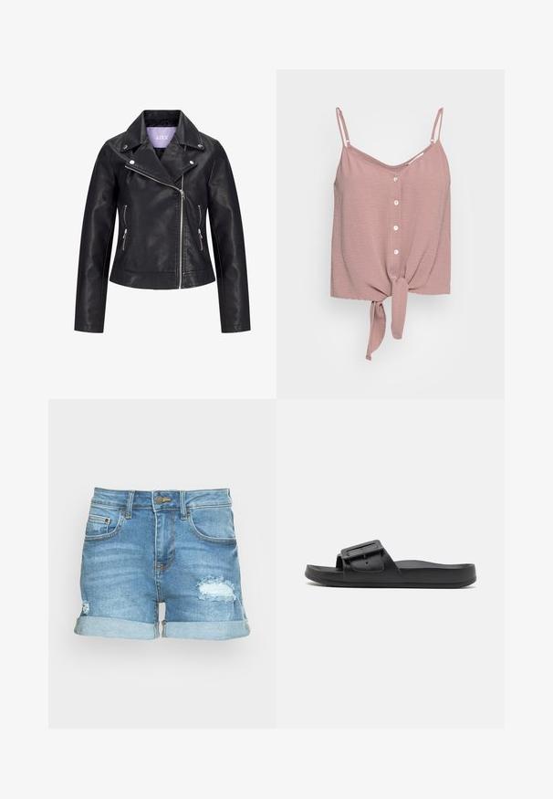 Veste de motard en simili cuir noir avec fermeture éclair asymétrique sur le devant, boutons-pression argentés sur un large revers, et deux poches latérales zippées.; Top sans manches rose poussière avec un col en V, des boutons sur le devant et un ourlet noué. Fabriqué en tissu texturé avec des bretelles spaghetti ajustables.; Shorts en denim bleu clair avec un motif usé. Dotés de revers, de poches avant et arrière, et d'une fermeture à bouton en métal.; Sandale noire à semelle plate avec une large sangle, boucle ajustable et texture mate lisse. Design simple sans motifs supplémentaires.