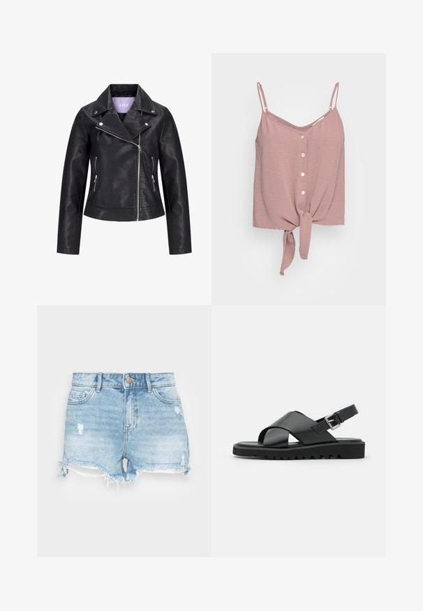 Chaqueta de motorista negra de cuero sintético con cremallera frontal asimétrica, botones de presión plateados en la solapa ancha y dos bolsillos laterales con cremallera.; Top sin mangas en color rosa polvo, con escote en V, frente abotonado y dobladillo anudado. Fabricado en una tela texturizada con tirantes ajustables tipo espagueti.; Shorts de mezclilla en azul claro con un acabado desgastado, dobladillo deshilachado y diseño clásico de cinco bolsillos. Presenta un cierre de botón metálico.; Sandalias de cuero negras con diseño de tiras cruzadas, hebilla ajustable y suela texturizada con estrías para un mejor agarre.