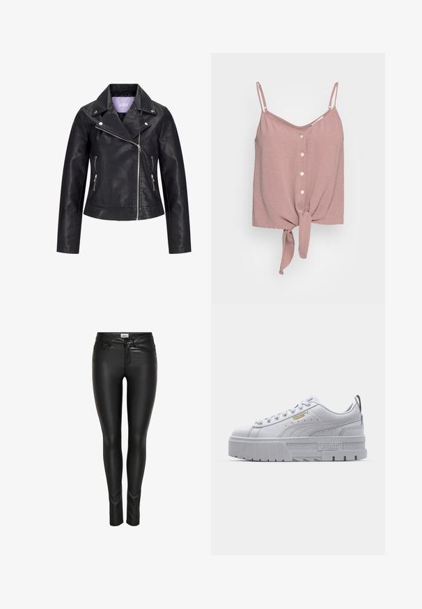 Chaqueta de motorista negra de cuero sintético con cremallera frontal asimétrica, botones de presión plateados en la solapa ancha y dos bolsillos laterales con cremallera.; Top sin mangas en color rosa polvo, con escote en V, frente abotonado y dobladillo anudado. Fabricado en una tela texturizada con tirantes ajustables tipo espagueti.; Pantalones de imitación de cuero negros de corte ajustado, con cierre de botón en la parte delantera, cremallera y pasadores para cinturón, exhibidos sobre un fondo blanco.; Zapatillas de plataforma blancas con parte superior de cuero suave, cuello acolchado, suela de goma gris y detalles dorados que presentan el logo de Puma.