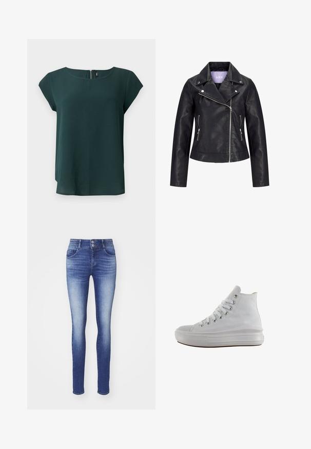Veste de motard en simili cuir noir avec fermeture éclair asymétrique sur le devant, boutons-pression argentés sur un large revers, et deux poches latérales zippées.; Blouse manches courtes vert foncé à col rond avec fermeture éclair au dos, présentée sur un fond blanc uni.; Jeans skinny en denim bleu foncé avec un lavage décoloré. Caractéristiques de deux poches avant, d'une taille haute et d'une fermeture à double bouton.; Baskets montantes en toile blanche avec lacets blancs, œillets métalliques, semelle épaisse en caoutchouc et bout texturé, orientées vers la gauche sur fond blanc.