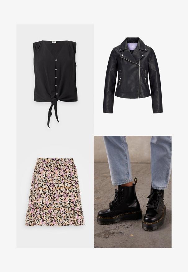 Chaqueta de motorista negra de cuero sintético con cremallera frontal asimétrica, botones de presión plateados en la solapa ancha y dos bolsillos laterales con cremallera.; Blusa negra sin mangas con cierre de botones, escote en V y nudo delantero en el dobladillo.; Pieces PCMONICE SKIRT - Minifalda - black/graphic lilac; Persona que lleva puestos vaqueros azul claro y botas negras de cuero con plataforma y cordones, con costuras amarillas sobre un suelo de hormigón.