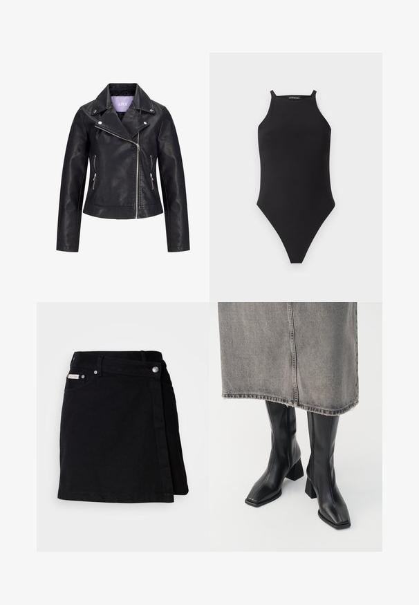 Sort bikerjakke i kunstlæder med asymmetrisk frontlynlås, sølvknapper på bred revers og to sidelommer med lynlås.; Sort ærmeløs bodysuit med høj hals og tynde skulderstropper på hvid baggrund.; Sort denim mini nederdel med et omslag design, der har en front knappelukning, subtile syninger og et lille mærke ved taljen.; Sorte knæhøje støvler i glat læder med firkantet tå og blokeret hæl. Båret med en grå denimnederdel med flosset kant.