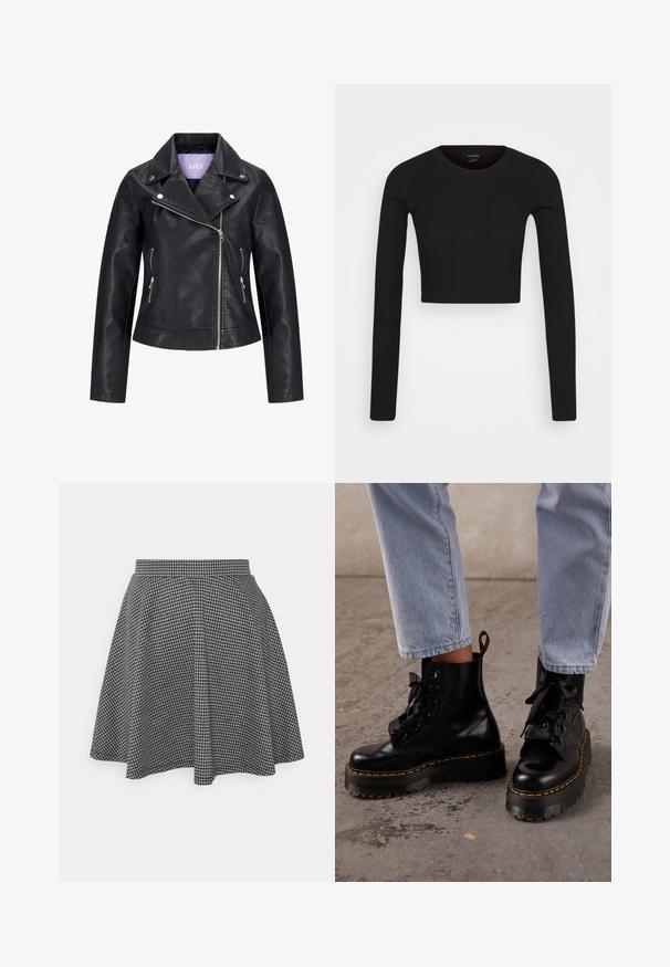 Chaqueta de motorista negra de cuero sintético con cremallera frontal asimétrica, botones de presión plateados en la solapa ancha y dos bolsillos laterales con cremallera.; Monki Camiseta de manga larga - black dark; Falda de patinadora a cuadros en blanco y negro con cintura ajustada y dobladillo acampanado, hecha de una tela texturizada que muestra un patrón clásico.; Persona que lleva puestos vaqueros azul claro y botas negras de cuero con plataforma y cordones, con costuras amarillas sobre un suelo de hormigón.