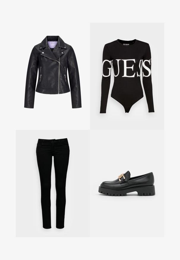 Sort bikerjakke i kunstlæder med asymmetrisk frontlynlås, sølvknapper på bred revers og to sidelommer med lynlås.; Sort langærmet bodysuit med et fremtrædende hvidt "GUESS" logo på forsiden, lavet af strækbart bomuldsstof.; Sorte skinny jeans med en glat tekstur, fem lomme-design, metalhardware og bæltestropper. Klassisk pasform med en slank silhuet.; Sorte læder loafers med en kraftig sål og guldhardware; har rund tå og syede detaljer langs overdelen.