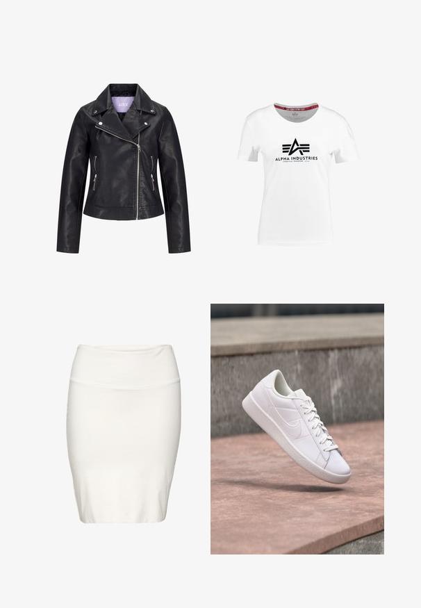 Sort bikerjakke i kunstlæder med asymmetrisk frontlynlås, sølvknapper på bred revers og to sidelommer med lynlås.; Hvid bomulds t-shirt med et sort logo, der har et stiliseret "A" og vandrette linjer. Maskinsyet rund hals, korte ærmer.; Hvid knælang blyantskørt lavet af blødt, elastisk stof. Har et tætsiddende design med et glat taljebånd og minimale sømme.; Hvid Nike lavtop sneaker med snørebånd ophængt over en betonhylde mod en grå stens baggrund udendørs.