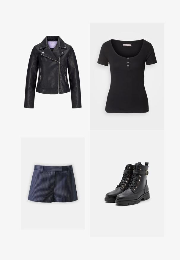 Schwarze Bikerjacke aus Kunstleder mit asymmetrischem Frontreißverschluss, silbernen Druckknöpfen am breiten Revers und zwei seitlichen Reißverschlusstaschen.; Schwarzes, geripptes T-Shirt mit kurzen Ärmeln und weit ausgeschnittenem Rundhalsausschnitt. Mit drei silbernen Knopfakzenten vorne. Weicher Stoff.; Marineblau Shorts mit vertikalen weißen Streifen, aus glattem Stoff gefertigt. Verfügt über einen Standardbund und sorgfältig ausgearbeitete Säume.; Schwarze Leder-Stiefeletten mit runder Spitze, Schnürdesign, goldenen Ösen, Schnallenakzent und einer klobigen, strukturierten Sohle.