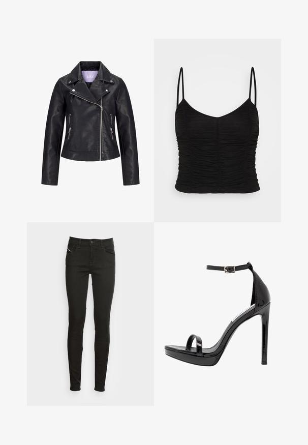 Čierna biker bunda z umelej kože s asymetrickým predným zipsom, striebornými patentkami na širokom reveri a dvoma bočnými vreckami so zipsom.; BDG Urban Outfitters RUCHED CAMI - Top - black; Čierne slim-fit džínsy s prednými vreckami, pútkami na opasok, gombíkovým zapínaním a zipsom, zobrazené na bielom pozadí.; Steve Madden MILANO - Sandále na vysokom opätku - black