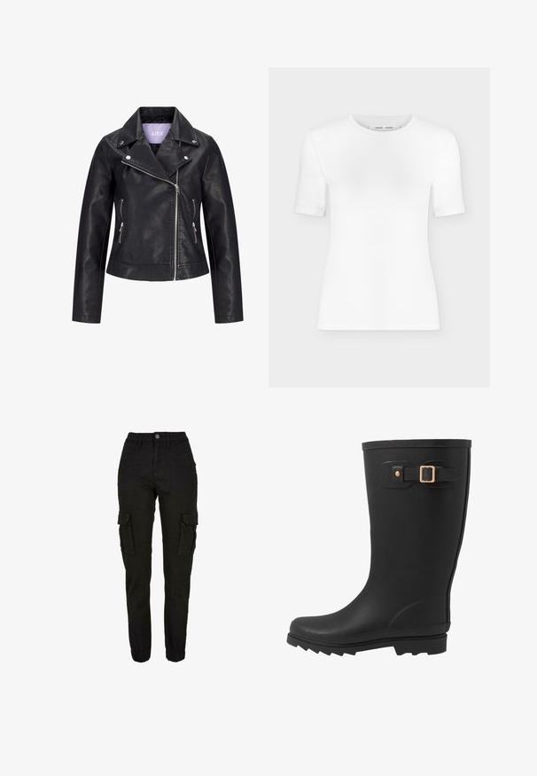 Schwarze Bikerjacke aus Kunstleder mit asymmetrischem Frontreißverschluss, silbernen Druckknöpfen am breiten Revers und zwei seitlichen Reißverschlusstaschen.; Weißes T-Shirt mit kurzen Ärmeln und Rundhalsausschnitt, schlanker Passform und gerippter Stoffstruktur, dargestellt vor einem schlichten hellgrauen Hintergrund.; Schwarze Cargohose mit hoher Taille, seitlichen Klapptaschen, Vordertaschen, Gürtelschlaufen, Knopfverschluss und elastischen Bündchen.; Schwarzer Gummiregenstiefel mit runder Spitze, strukturiertem Sohlendesign und einem seitlichen Riemen mit einer goldenen Schnalle.
