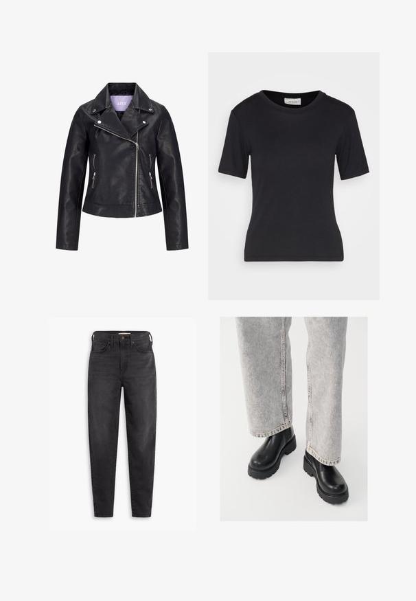 Zwarte motorjas van nepleer met asymmetrische voorrits, zilverkleurige drukkers op de brede revers en twee zijzakken met ritssluiting.; Zwarte kortsleevenshirt van zachte stof, met een ronde hals, aansluitende pasvorm en schone naden, zonder patronen of graphics.; Zwarte hoog-taille slim-fit jeans met voor- en achterzakken, knoopsluiting en riemlussen, weergegeven op een witte achtergrond.; Vagabond COSMO - Enkellaarsjes met plateauzool - black