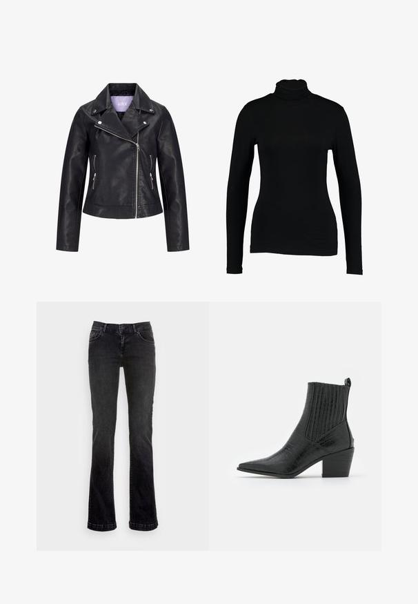 Zwarte motorjas van nepleer met asymmetrische voorrits, zilverkleurige drukkers op de brede revers en twee zijzakken met ritssluiting.; Zwart lange mouw turtleneck top van gladde stof, met een aansluitend ontwerp en hoge hals, geschikt voor layering of als standalone kleding.; Zwarte denim flare jeans met een klassiek vijfzakkenontwerp, voorzien van een knoop- en ritssluiting en subtiele stikdetails.; RAID ROCCO - Cowboy-/Bikerlaarsjes - black