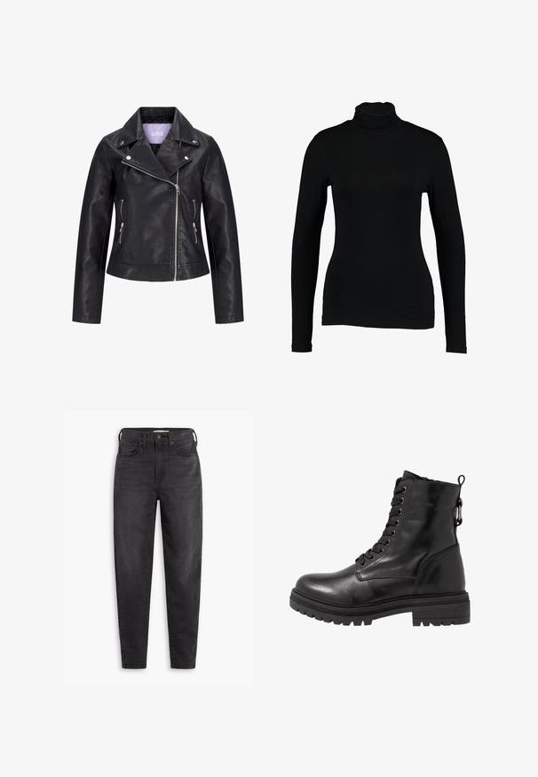 Veste de motard en simili cuir noir avec fermeture éclair asymétrique sur le devant, boutons-pression argentés sur un large revers, et deux poches latérales zippées.; T-shirt noir à manches longues et col roulé en tissu lisse, avec une coupe ajustée et un col haut, idéal pour les superpositions ou à porter seul.; Jean slim taille haute noir avec poches avant et arrière, fermeture à bouton et passants de ceinture, présentés sur un fond blanc.; Bottine en cuir noir avec bout arrondi, devant à lacets et semelle en caoutchouc texturé. Comprend une languette au dos et des coutures renforcées.