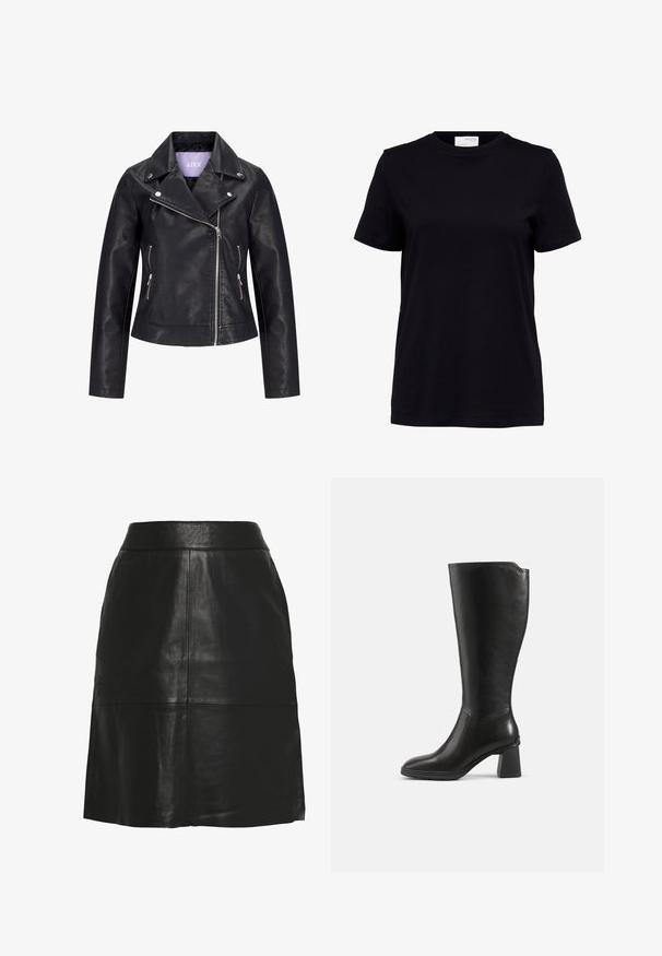 Zwarte motorjas van nepleer met asymmetrische voorrits, zilverkleurige drukkers op de brede revers en twee zijzakken met ritssluiting.; Zwart T-shirt met korte mouwen en een ronde hals, rechte zoom en een wit label aan de achterkant binnenin de kraag.; Zwarte A-lijn rok van imitatieleren met hoge taille en zichtbare naaddetails aan de voorkant en bij de zoom.; Zwarte leren kniehoge laars met blokhak en afgeronde neus, zijaanzicht op een effen achtergrond.