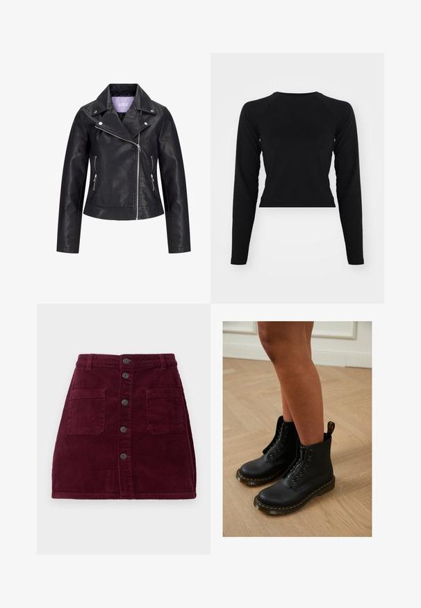 Schwarze Bikerjacke aus Kunstleder mit asymmetrischem Frontreißverschluss, silbernen Druckknöpfen am breiten Revers und zwei seitlichen Reißverschlusstaschen.; Schwarzes, langärmeliges Crop-Top mit rundem Halsausschnitt und Raglanärmel. Glatte Textur, minimalistisches Design und keine sichtbaren Muster oder Beschläge.; Burgunderrote Cord-Rock mit hoher Taille, fünf vorderen Knöpfen und zwei vorderen Taschen; strukturierter Stoff mit vertikalen Rippungen.; Schwarze Leder-Stiefeletten mit Reißverschluss und Schnürdesign, ausgestattet mit gelben Nähten und einer dicken, strukturierten Sohle.