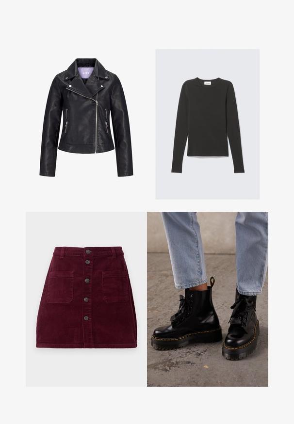 Zwarte motorjas van nepleer met asymmetrische voorrits, zilverkleurige drukkers op de brede revers en twee zijzakken met ritssluiting.; Zwart T-shirt met lange mouwen en ronde hals, slim fit, plat gelegd op een lichtgrijze achtergrond.; Bordeaux corduroy rok met een hoge taille, vijf knopen aan de voorkant en twee zakken aan de voorkant; stoffen met textuur en verticale ribbels.; Persoon draagt lichtblauwe spijkerbroek en zwarte leren veterplatformlaarzen met gele stiksels op een betonnen vloer.