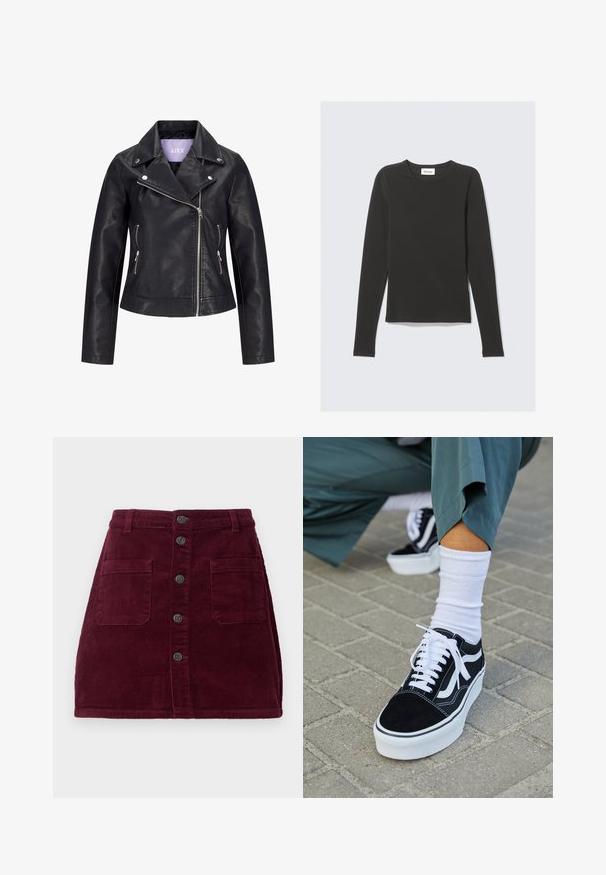 Sort bikerjakke i kunstlæder med asymmetrisk frontlynlås, sølvknapper på bred revers og to sidelommer med lynlås.; Sort langærmet t-shirt med rund hals og slank pasform, lagt fladt på en lys grå baggrund.; Burgunderfarvet kordfløjlsskjorte med høj talje, fem frontknapper og to forlommer; tekstureret stof med lodret ribbede mønster.; Sorte ruskinds sneakers med hvide accenter og snørebånd, der har en tyk hvid sål og kontrasterende syninger, parret med en hvid sok.