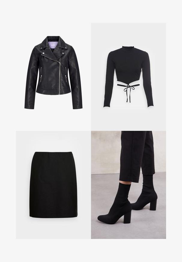 Chaqueta de motorista negra de cuero sintético con cremallera frontal asimétrica, botones de presión plateados en la solapa ancha y dos bolsillos laterales con cremallera.; Even&Odd Camiseta de manga larga - black; Falda negra de longitud hasta la rodilla con un diseño simple y recto. Fabricada con un tejido suave. Presenta una cinturilla elástica para mayor comodidad. Sin patrones o acentos notables.; Botines de tacón negro con un upper tipo calcetín acanalado, superficie lisa, punta redonda y un tacón de bloque para mayor estabilidad.