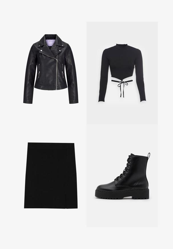 Zwarte motorjas van nepleer met asymmetrische voorrits, zilverkleurige drukkers op de brede revers en twee zijzakken met ritssluiting.; Even&Odd by Zalando Longsleeve - black; Zwarte mini rok gemaakt van zachte stof met een aansluitend ontwerp, met een lichte inkeping aan de zijkant voor extra detail.; Zwarte leren enkelboot met een dikke, gestructureerde zool, ronde neus en metalen oogjes voor veters. Voorzien van een lus aan de achterkant.