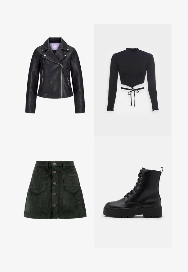 Zwarte motorjas van nepleer met asymmetrische voorrits, zilverkleurige drukkers op de brede revers en twee zijzakken met ritssluiting.; Even&Odd by Zalando Longsleeve - black; ONLY ONLAMAZING GLOBAL - Minirok - green gables; Zwarte leren enkelboot met een dikke, gestructureerde zool, ronde neus en metalen oogjes voor veters. Voorzien van een lus aan de achterkant.
