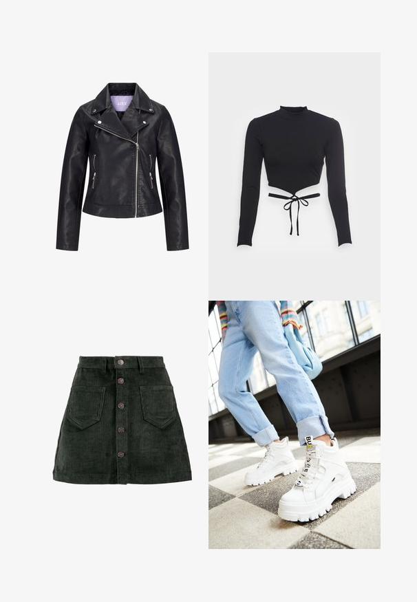 Sort bikerjakke i kunstlæder med asymmetrisk frontlynlås, sølvknapper på bred revers og to sidelommer med lynlås.; Even&Odd by Zalando Langærmet T-shirt - black; ONLY ONLAMAZING GLOBAL - Mini skirts - green gables; Hvide klodsede sneakers med tykke såler, snørebånd foran og mærkeflag. Båret med lyseblå jeans med opsmøg på et mønstret gulv.