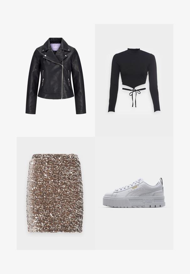 Sort bikerjakke i kunstlæder med asymmetrisk frontlynlås, sølvknapper på bred revers og to sidelommer med lynlås.; Even&Odd Langærmet T-shirt - black; Brun, pailletteret miniskørt med et tætsiddende design, dækket af refleksive sølv pailletter, som skaber en tekstureret, glitrende effekt.; Hvide platform sneakers med en glat læderoverdel, polstret krave, grå gummisål og gyldne detaljer med Puma-logoet.