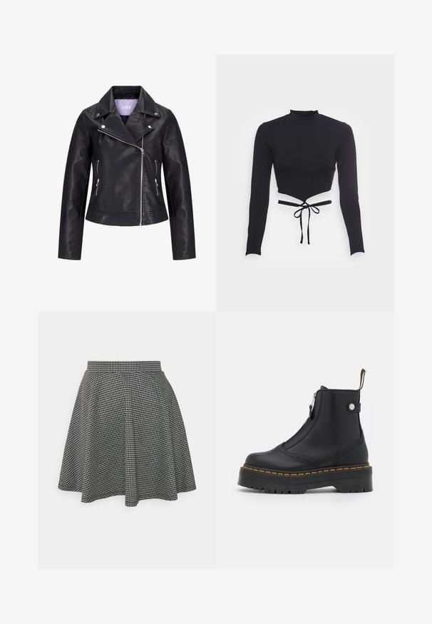 Zwarte motorjas van nepleer met asymmetrische voorrits, zilverkleurige drukkers op de brede revers en twee zijzakken met ritssluiting.; Even&Odd by Zalando Longsleeve - black; Zwart-witte geblokte skaterrok met een strakke tailleband en een uitlopende zoom, gemaakt van textuurstof die een klassiek patroon toont.; Zwarte enkellaars van soepel leer, met een zijrits, gele stiknaden en een dikke, gegroefde rubberen zool.