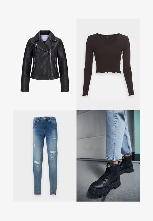 Schwarze Bikerjacke aus Kunstleder mit asymmetrischem Frontreißverschluss, silbernen Druckknöpfen am breiten Revers und zwei seitlichen Reißverschlusstaschen.; Schwarzes, kurzgeschnittenes Langarmtop aus Rippstoff mit V-Ausschnitt und gewelltem Saum an unten und an den Ärmeln.; Enge Jeans aus hellblauem Denim mit abgenutzten Rissen vorne. Verfügen über einen Knopf- und Reißverschluss, fünf Taschen und einen ausgefransten Saum.; Person, die hellblaue Jeans und schwarze klobige Schnürstiefel trägt und auf einem Betonboden nahe einer Wand steht.