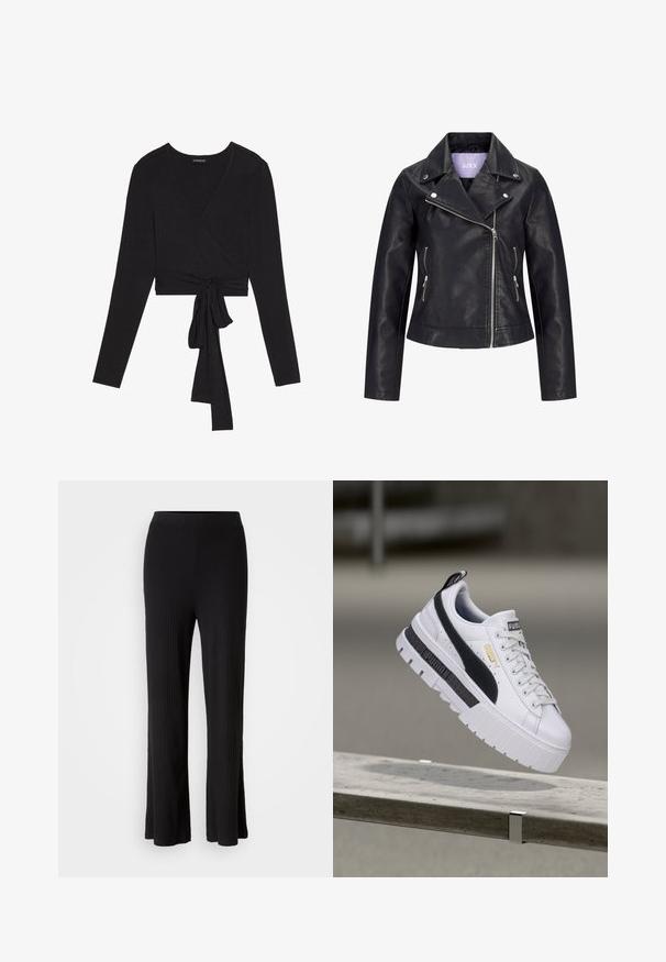 Veste de motard en simili cuir noir avec fermeture éclair asymétrique sur le devant, boutons-pression argentés sur un large revers, et deux poches latérales zippées.; Even&Odd by Zalando T-shirt à manches longues - black; Pantalons larges noirs à côtes avec une taille élastique lisse et un ourlet évasé. La texture du tissu est douce et extensible, offrant un confort optimal.; Baskets à plateforme blanches Puma avec bande noire et logo doré, flottant au-dessus d'un banc en béton en extérieur.