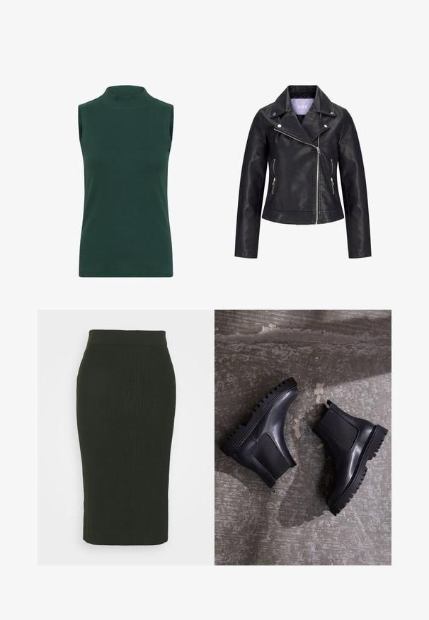 Veste de motard en simili cuir noir avec fermeture éclair asymétrique sur le devant, boutons-pression argentés sur un large revers, et deux poches latérales zippées.; Haut à col roulé sans manches en tissu côtelé de couleur vert foncé. Caractéristiques : un col haut, une texture lisse et une coupe ajustée.; ONLY ONLPEACH PENCIL MIDI SKIRT - Jupe crayon - duffel bag; Bottines noires à semelle épaisse, avec des panneaux élastiques et une finition en cuir lisse. Semelle extérieure striée bien visible et silhouette élégante.